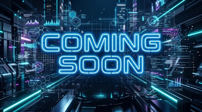 Coming soon neon sign illuminates a futuristic digital city tunnel filled with complex data streams.