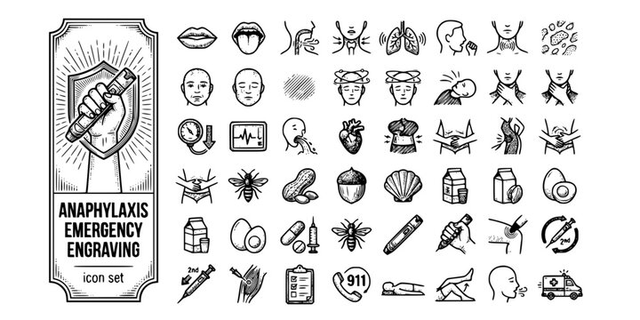 Anaphylaxis Emergency Engraving Black White-Adrenaline Injector Airway Plan-Allergic Vector-Ana Icon Engraving-Emergency Medicine Design Set