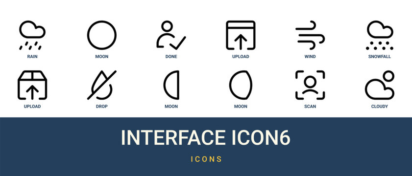Set of 12 outline web Interface Icon6 icons such as cloudy, scan, moon, moon, drop, upload, snowfall vector icons for report, presentation, diagram, web design, mobile app