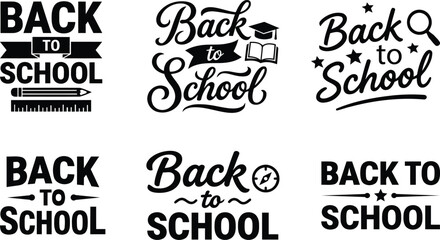 Obraz premium Set of six black and white back to school typography design elements