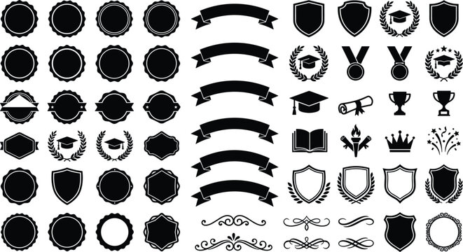 Award badge and ribbon icon set vector illustration featuring shield laurel wreath graduation cap diploma crown trophy vintage ornament silhouette clip art