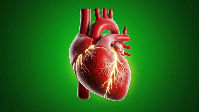 Realistic 3D heart with glowing veins on a green background demonstrating the human circulatory system in motion