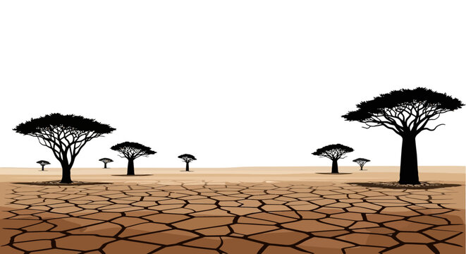 A dry cracked landscape features silhouettes of trees at sunset