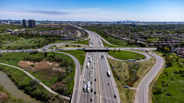 Aerial view of Highway 427 through industrial area.
