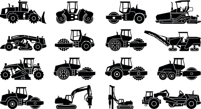 Heavy construction road building and earthmoving machinery silhouettes