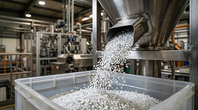 Recycled white plastic granules pouring into a storage container