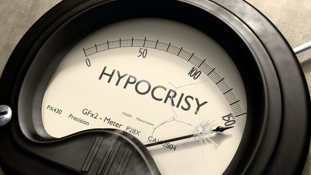 Hypocrisy meter showing high levels of hypocrisy. Dangerously increasing values of hypocrisy, critical overload. Too much, off the charts. Max hypocrisy ,3d illustration