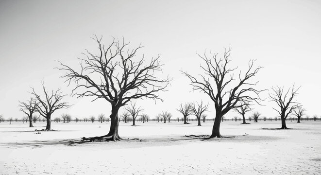 A group of bare trees stands in a dry barren landscape