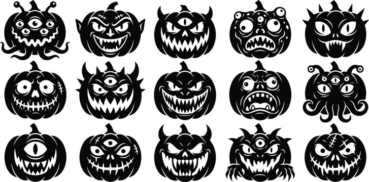 Scary halloween monster pumpkin jack o lantern silhouette faces vector set with creepy alien eyes sharp teeth tentacles and horns isolated on white background