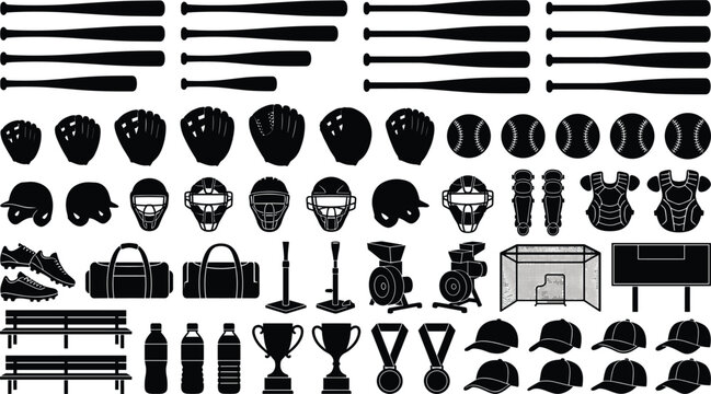 Baseball equipment icon set vector illustration featuring bat mitt glove helmet ball catcher mask cleat trophy medal scoreboard silhouette clip art