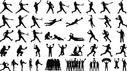 Baseball players action silhouette icon set vector illustration featuring batter pitching hitting catching running sliding umpire crowd celebration clip art © Rakib