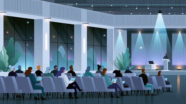 Audience attending a business conference presentation in a modern auditorium with stage lighting and large