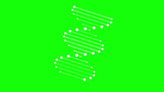 Abstract white DNA double helix model with rotating molecular strands and genetic base pairs on a chroma key green background for medical research and science education video.