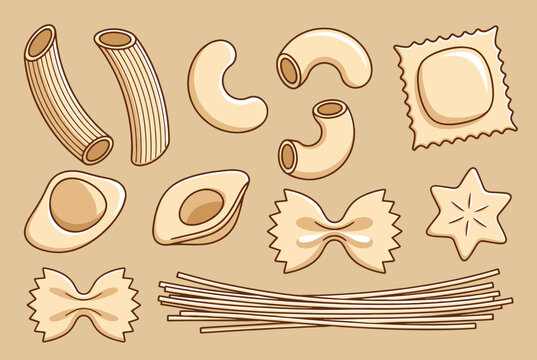 Assorted dry pasta types displaying classic shapes like penne, macaroni, ravioli, farfalle, and long spaghetti strands.