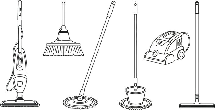 Collection of cleaning tools including a steam mop broom spin mop with bucket vacuum cleaner and floor squeegee simple line art vector illustration for household chores and hygiene concepts