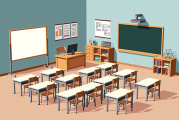 Naklejka premium Spacious school classroom interior equipped with multiple student desks, a teacher desk, and dual boards.