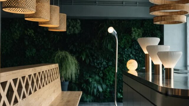 Medium shot of renovation details at a sustainable bank branch focusing sharply on updated energysaving lighting elements with a softly blurred green wall behind.