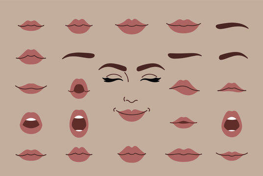 Facial expressions kit with various lip shapes eyebrows and smiling closed eyes on a neutral beige backdrop.