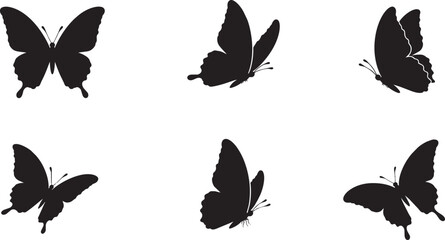 Black butterfly silhouette collection, 6 decorative insect vector shapes, flying butterfly icons for nature design and spring graphics © vectorzking