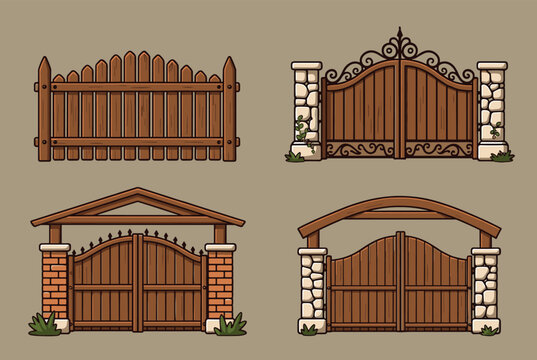 Detailed pixel art illustrations of four rustic wooden gates and fences built with stone pillars and iron decorations.