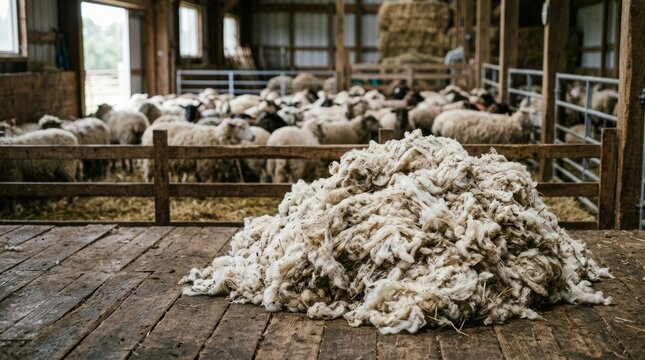 Pile of freshly sheared wool in a rustic barn with sheep in the background
