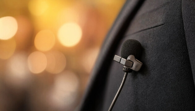 A small lavalier microphone clipped to a suit jacket in a blurry background