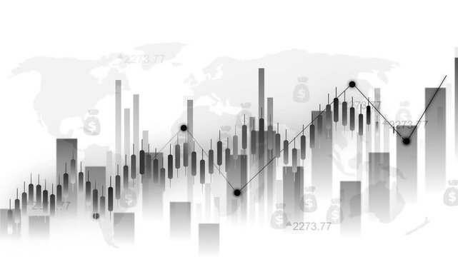 Financial chart with candlesticks and bar graph over a world map background animation
