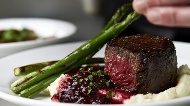 Juicy medium rare filet mignon served with grilled asparagus, mashed potatoes and berry reduction. Elegant restaurant fine dining presentation