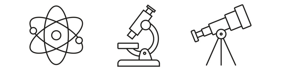 Science and research line icon set. Atom, microscope, and telescope vectors. © Hp Pixels