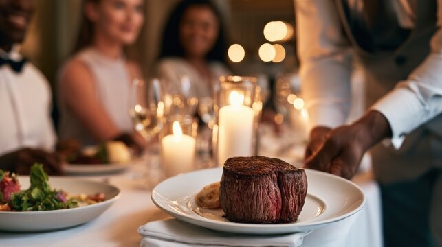 Professional chef presenting beautifully plated filet mignon to restaurant guests. Premium beef served in fine dining setting