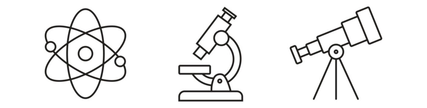 Science and research line icon set. Atom, microscope, and telescope vectors.