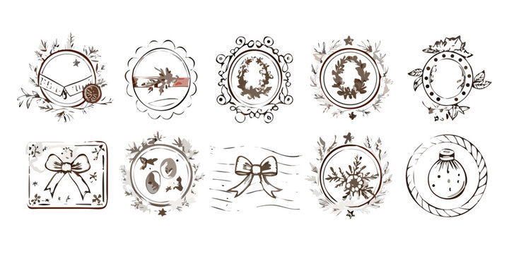 Hand Drawn Vintage Christmas Decorative Frames and Wreaths Set