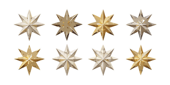 Set of Eight Distressed Metallic Eight Pointed Star Icons