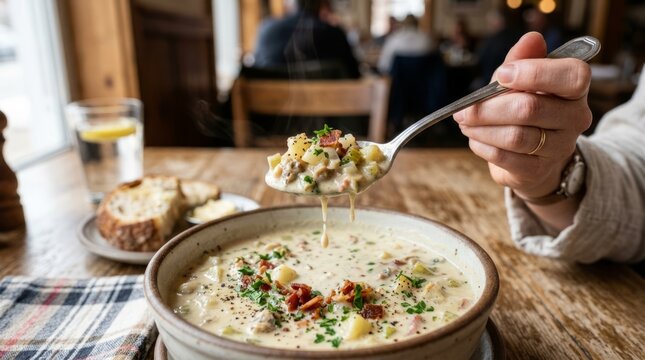 Steaming bowl of hearty chowder with crusty bread, enjoyed indoors at a cozy restaurant.