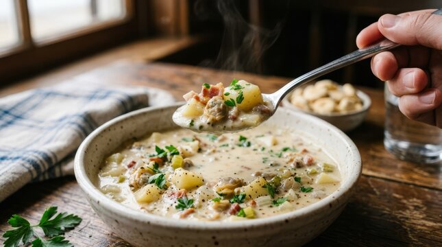 Steaming bowl of hearty clam chowder with potatoes and herbs, a comforting meal.