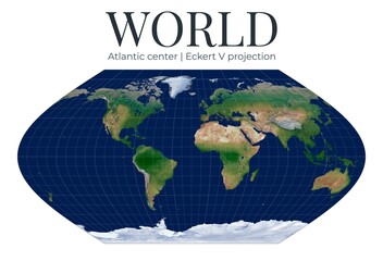 World Map. Eckert V projection. Compromise world  slightly flattened poles  general thematic. Atlantic center at 0 latitude and -20 longitude. © Eugene Ga