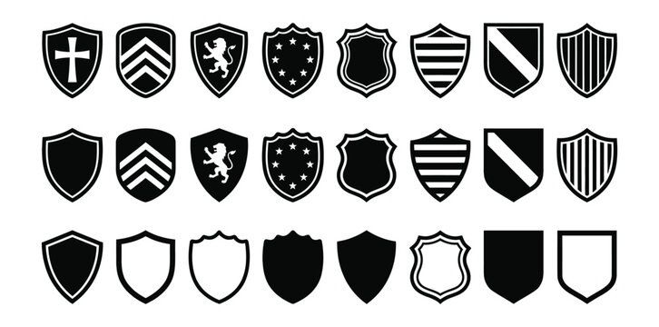 Collection of black and white heraldic shields and crests vector graphics