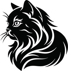 Obraz premium Black Cat Silhouette Vector Illustration Profile of Long Haired Feline Head for Logo or Tattoo Design