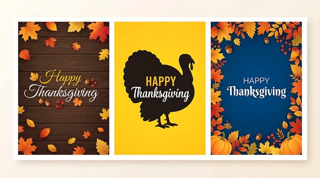 Festive happy thanksgiving card set wood yellow and blue designs with fall elements
