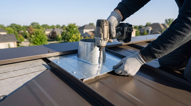 Roofer installing metal roof flashing around pipe vent with drill