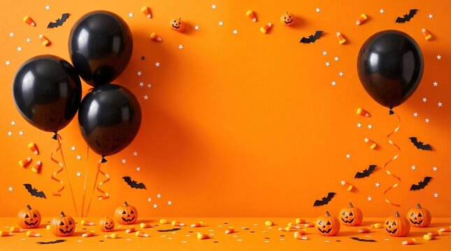 Halloween decorations flat lay with black balloons pumpkins candy corn and bats