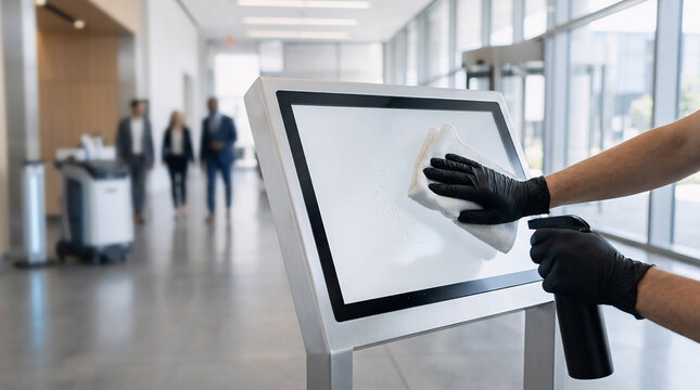 Cleaning staff sanitizing interactive information kiosk touch screen