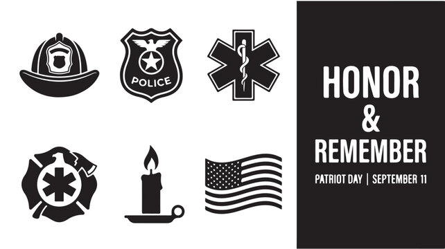 Honor and remember patriot day september 11 black icons set for 911 victims and first responders tribute