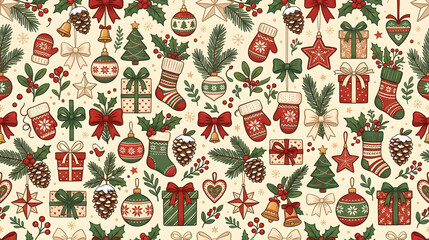 Obraz premium Adorable Christmas ornaments, bows, gifts, stockings, mittens, pine cones, stars and festive greenery arranged in a luxurious seamless holiday pattern, modern Scandinavian illustration style, cream