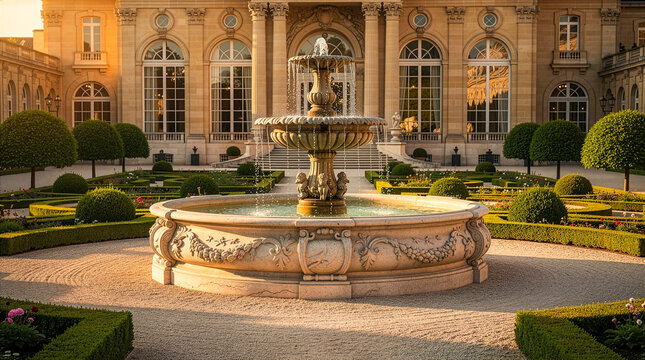 Ornate Stone Fountain In Classical European Garden