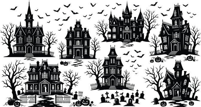 Spooky halloween day haunted houses black and white vector illustration for creepy decorations