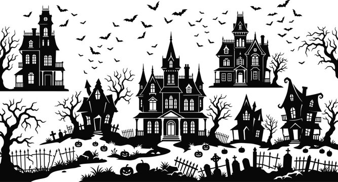 Spooky halloween day scene haunted houses bats and jack o' lanterns for festive decorations
