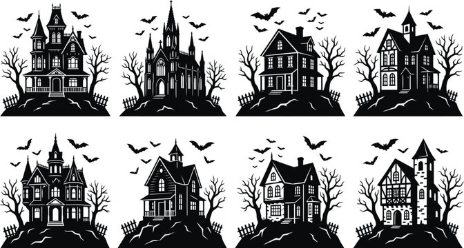 Spooky halloween day haunted houses black silhouette vector collection for creepy decorations