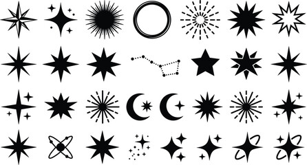 Celestial star and moon vector silhouette mega collection featuring sparkle elements constellations sun crescent magic shapes and night sky burst icons. © Rakib