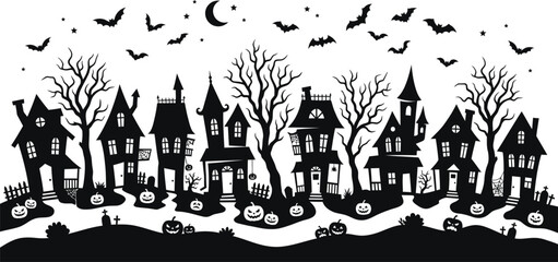 Obraz premium Spooky halloween day silhouette haunted houses bats and jack o' lanterns for festive decor